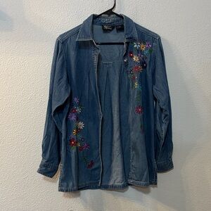 Silver Threads Embroidered Denim Shirt with Floral Design